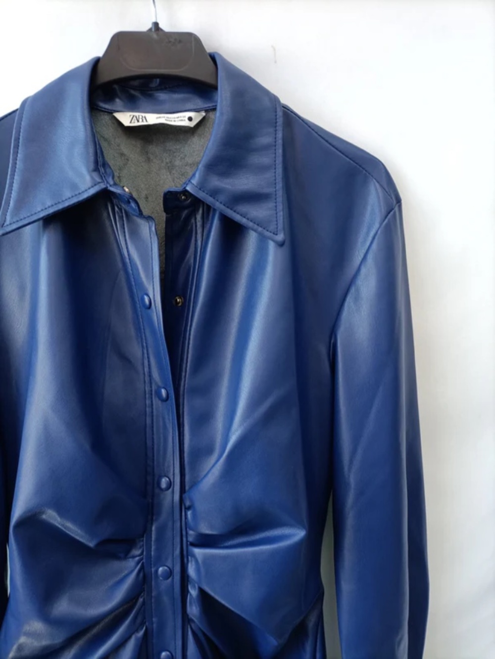 NWT Zara Faux Leather Blue Ruched Shirt Dress, Size M - Picture 2 of 9